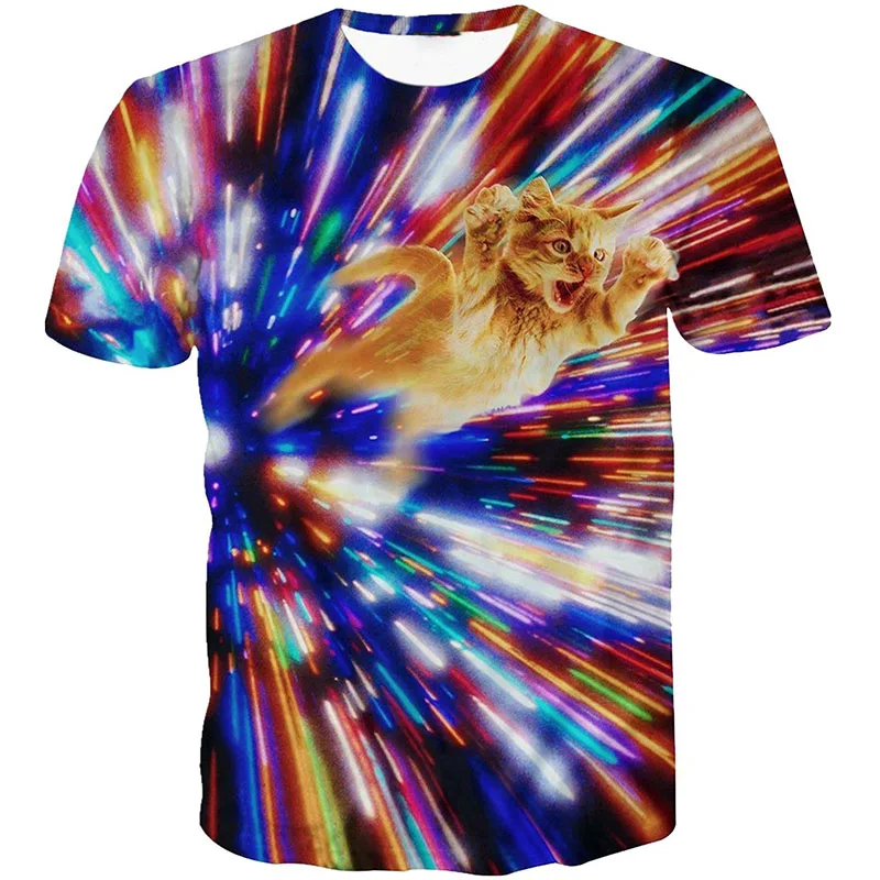 Camiseta con estampado 3D de gatos y galaxia para hombre y mujer, camisa de manga corta con estampado de gato, informal, cuello redondo