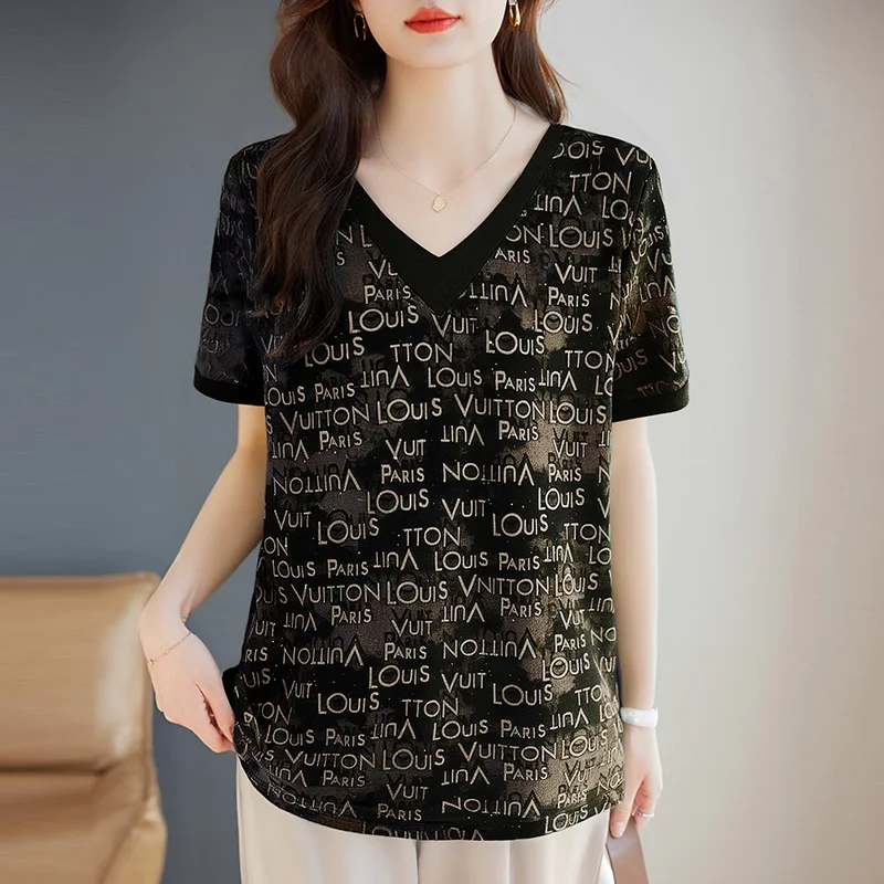 

Color blocked Letter Short Sleeved T-shirt Women's Summer New Style Medium length Oversized Top