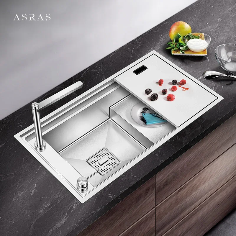 

ASRAS SUS 304 Stainless Steel Three Cover Hidden Step Kitchen Sink Large Size Handmade Brushed Step Hidden Lifting Faucet Sinks