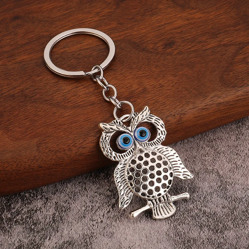 Religious Evil Eye Keychain Pendant Car Key & Keyring Silver Color Deep Blue Owl Animal Women Bag Accessories image 5