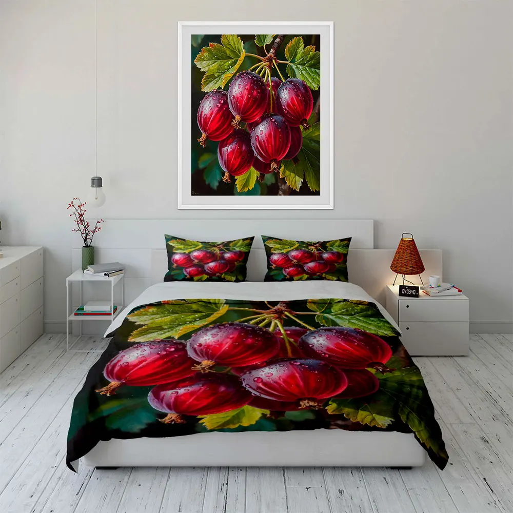 Red berries with water droplets Bedding Set for Kids Luxury Gift 3pcs Digital Print Comforter Set Soft Comfortable Breathable