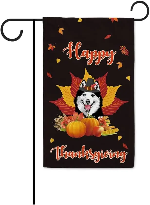 Happy Thanksgiving Day Dog Garden Flag Dog Siberian Husky Harvest Season Pumpkin Maple leaf Fall Small Flag Outdoor Yard Home De