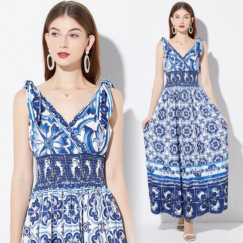 Fashion Floral Print Women Maxi Dress Sexy Blue White Porcelain A Line Pleated Long Dresses Backless