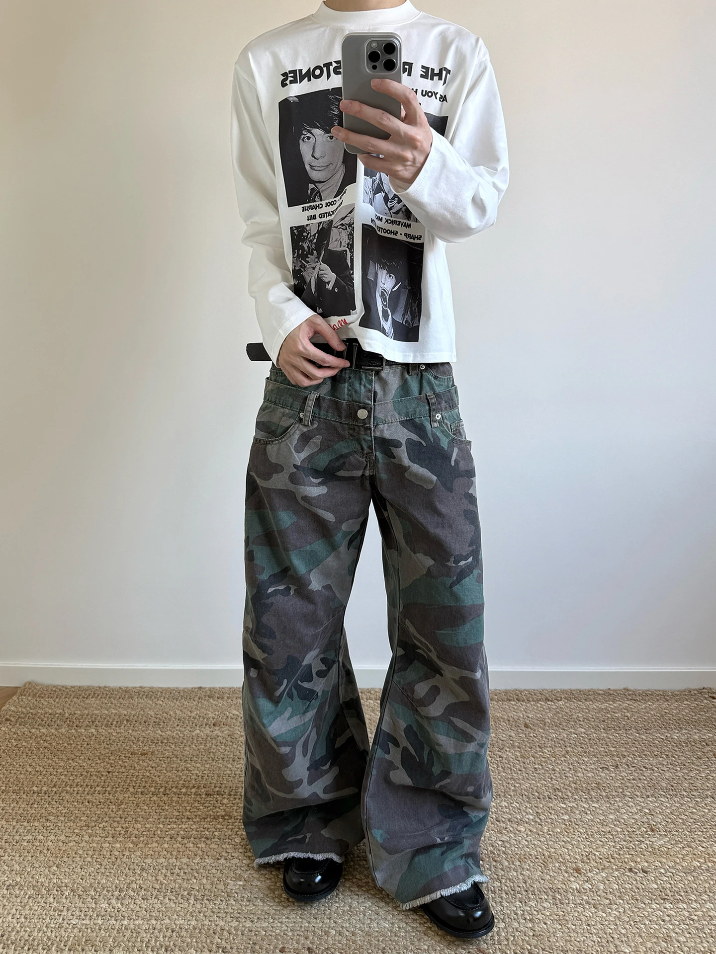 

Retro American Camouflage Workwear Jeans Men's Straight Leg Bell Bot Double Waist Knife Cut Design Casual Loose Fit
