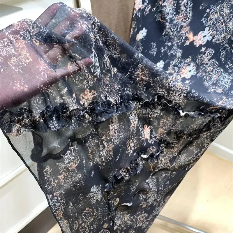 ฤดูร้อนใหม่กระโปรงชีฟองผู้หญิงแฟชั่นดอกไม้พิมพ์ Elastic High เอว Ruffles A-Line กระโปรงลําลอง Retro วันหยุดชายหาด Jupe