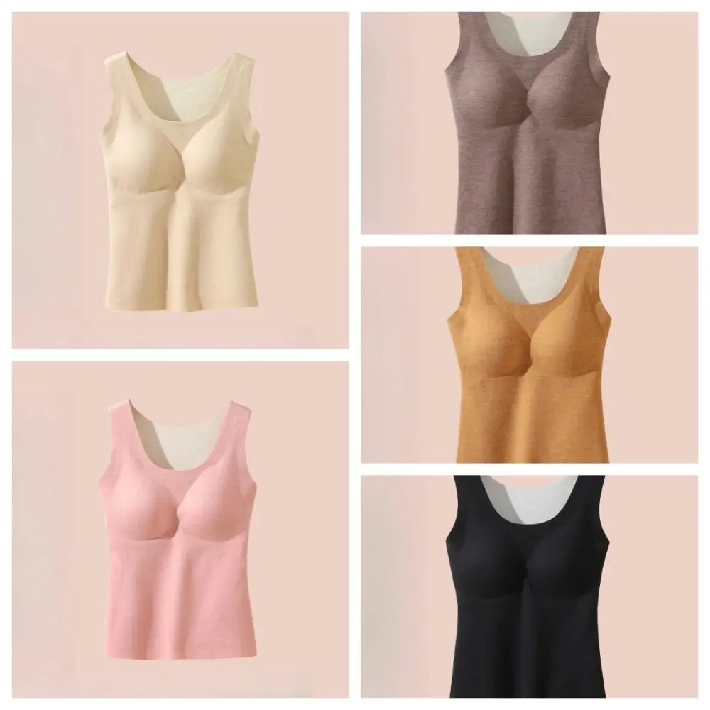 Elastic With Chest Pad Women Thermal Vest Soft O-neck Thicken Bottoming Shirt Undershirt Slim Sleeveless Vest Indoor