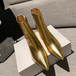 Women's Fashion Chunky Single Boots Fall New Pointy Bright Side Zipper Comfortable High Heel Ankle Boots