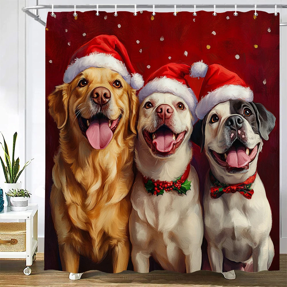 

Christmas cat and dog Shower Curtain 3D Printed Funny Merry Christmas Bathroom Curtains Waterproof Fabric Decor Bathtub Screen
