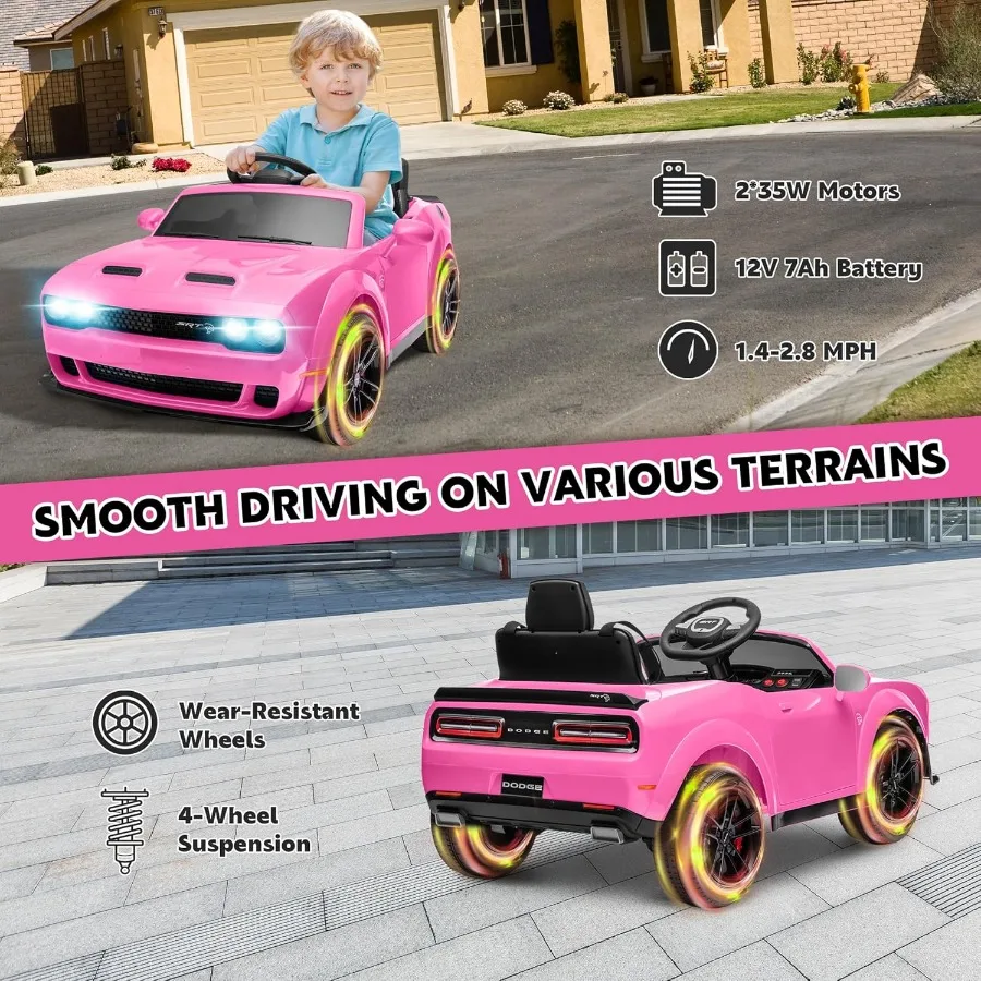 รถยนต์ไฟฟ้าสำหรับเด็ก ได้รับใบอนุญาต ยี่ห้อ Dodge ขับเคลื่อนด้วยแบตเตอรี่ 12V7Ah พร้อมรีโมทคอนโทรล 3 ระดับความเร็ว ไฟ LED