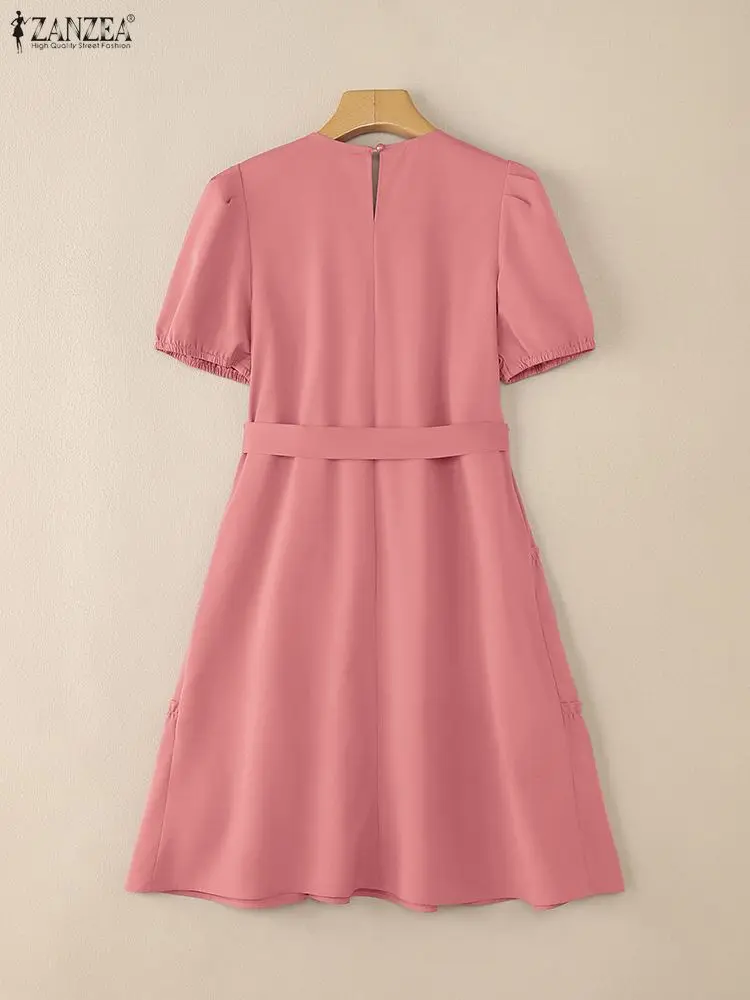 ZANZEA Stylish Ruffled Party Dresses Women 2025 Summer Dress O Neck Short Sleeve Sundress Belted Robe Elegant A Line Vestidos