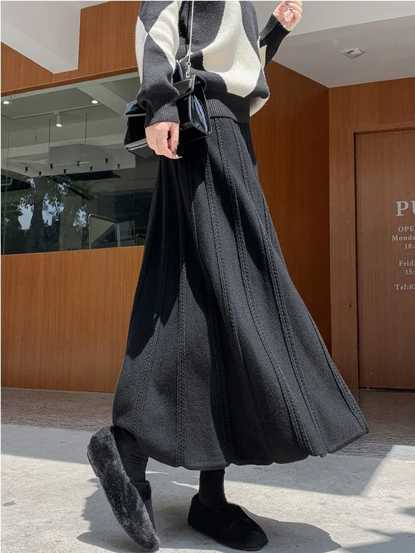 High Waist Knitted Midi Skirt Women's Autumn Winter Casual Slimming Drapey A-Line Skirt in Beige Knitwear Casual Skirts