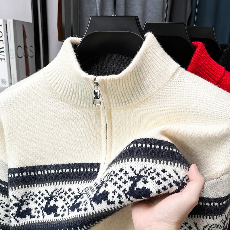Luxury Brand Man Long-Sleeved Knitwear Thicken Mock Neck Zipper Cable Stitch Non-deforming Winter New Pullover Leisure Mens Wear