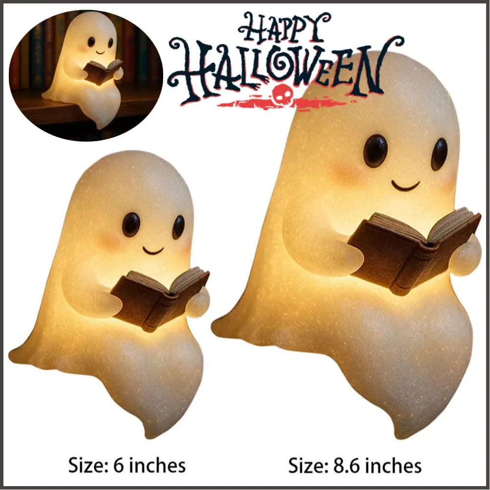 هالوين لطيف شبح مصباح صغير الراتنج بطارية تعمل بالطاقة تضيء هالوين زخرفة جميلة شبح القراءة تمثال ديكور ضوء الليل #3