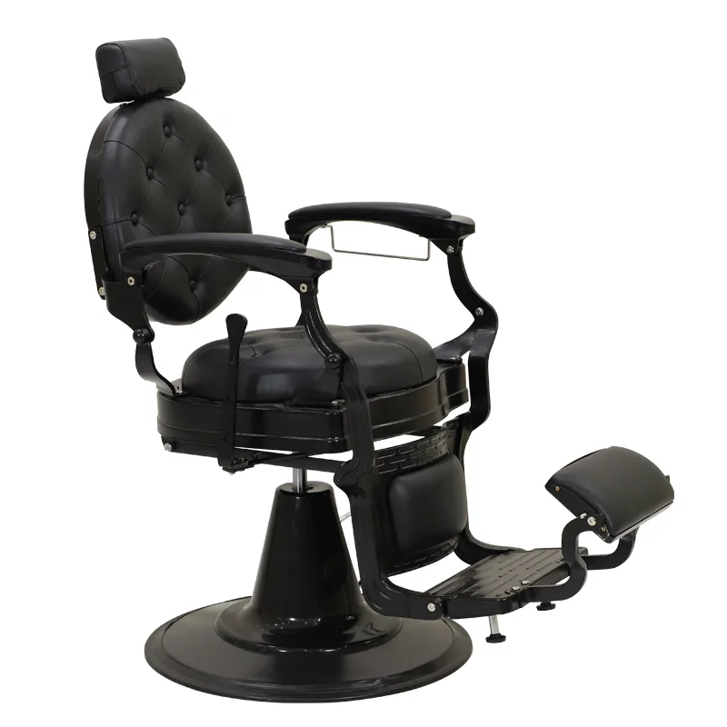 Antique Style Barber Shop Furniture Leather Metal Base Hairdressing Chair Retro Heavy Duty Full Black Barber Chair for Sale