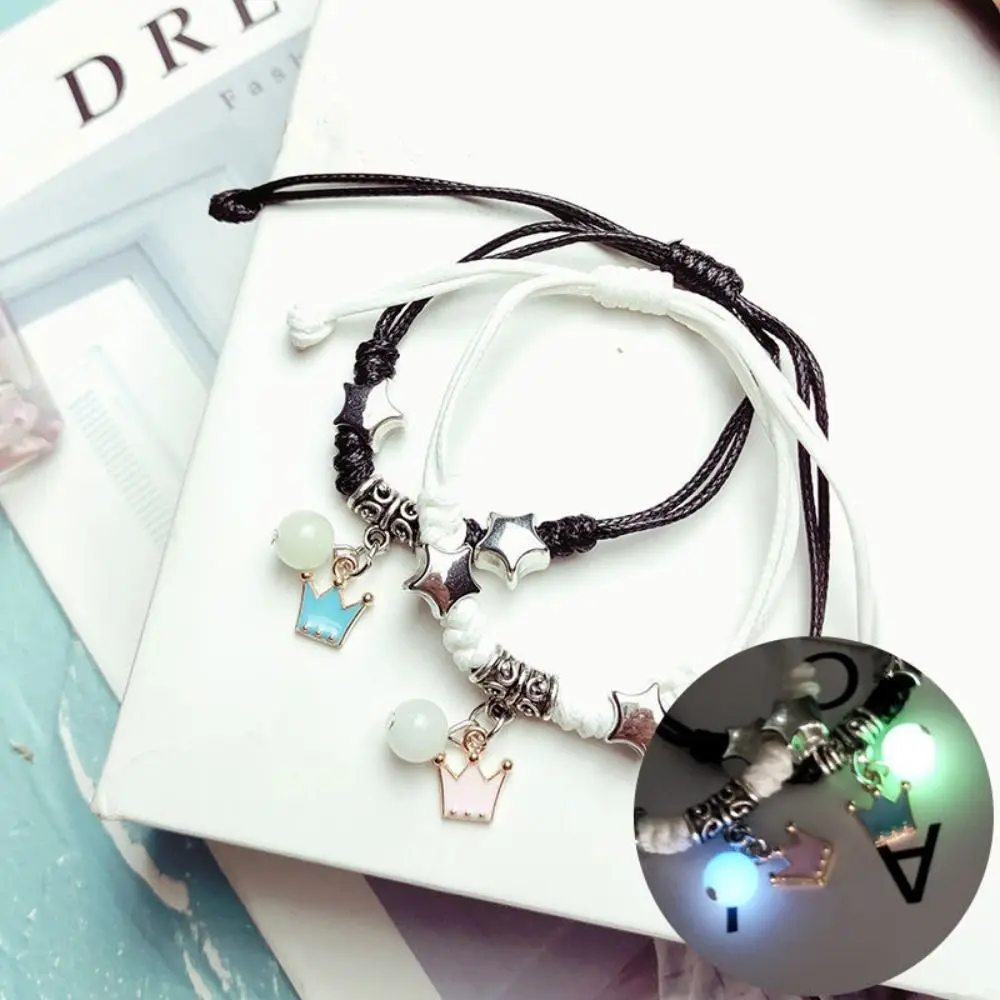 2Pcs Adjustable Luminous Beads Couple Bracelet Bracelet Jewelry Woven Rope Charms Bracelet Set Flower Key Lock