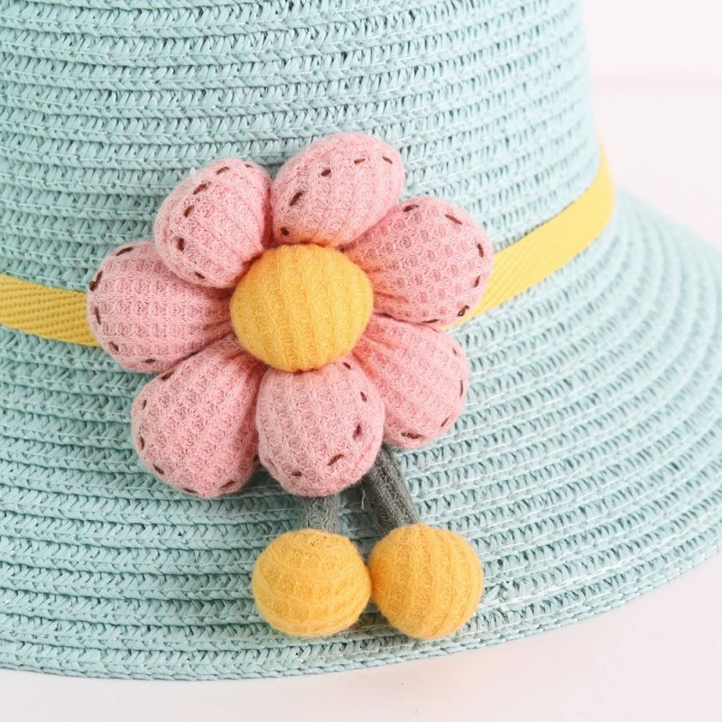 Girls Solid Color Flower Decorated Woven Hat Children\'s Spring and Summer Cute Fisherman Hat Baby Big Brim Outdoor Sunshade Hat