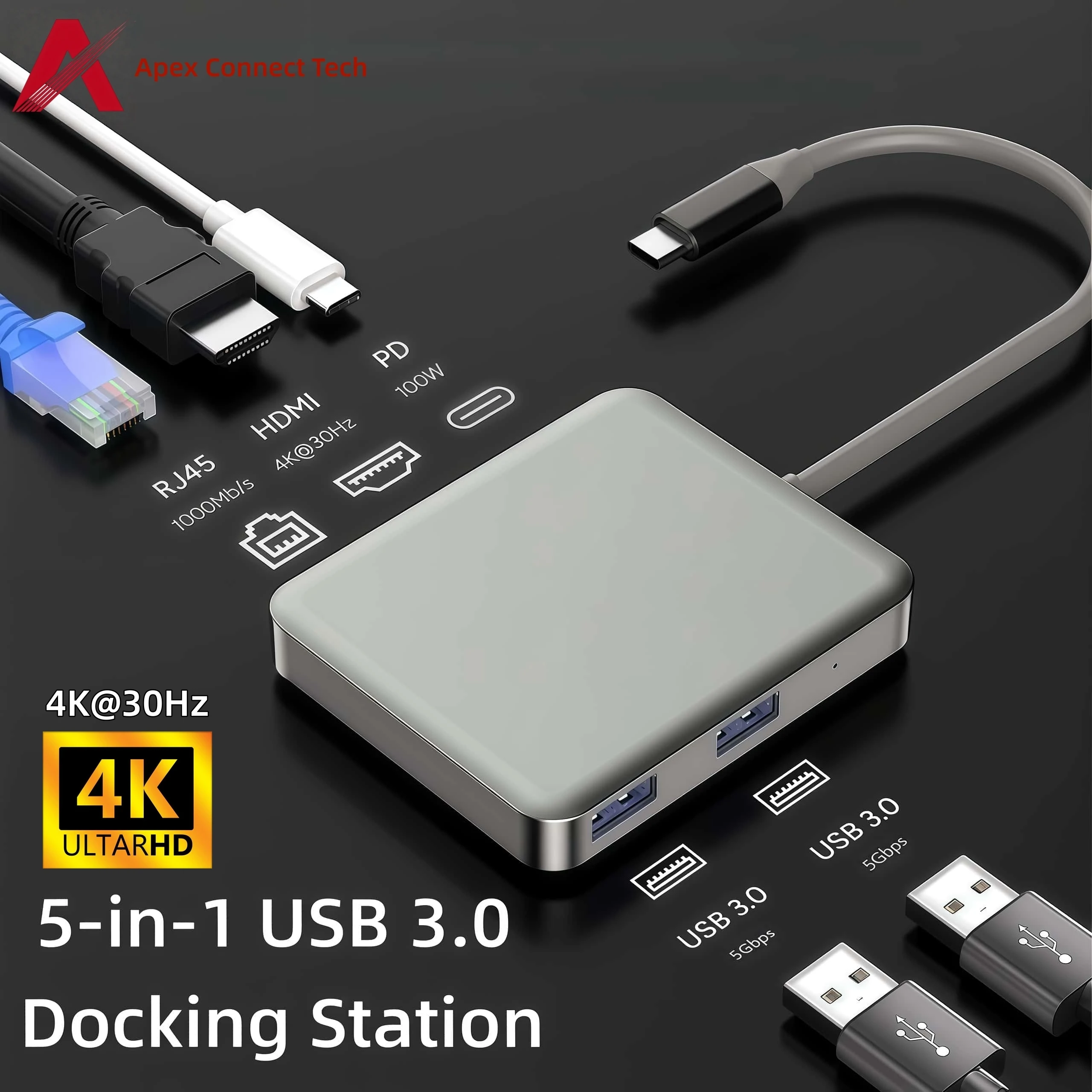 

USB-концентратор 5 в 1 4K HDMI PD 100 Вт RJ45 1000 Мбит/с 5 Гбит/с Разветвитель USB 3.0 типа C Адаптер для MacBook Laptop Steam Deck Док-станция