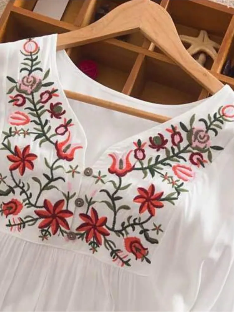 New Summer Solid Color Flower Print Short-sleeved Women's V-neck Dress Fashionable Loose Casual Commuter Mini Skirt Females