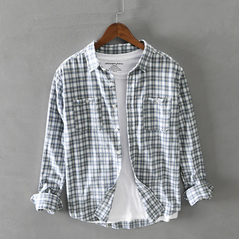 100% Cotton Shirts Grey Plaid Shirt For Men Korean 2022 Fall Casual Long Sleeve Pocket Tops Shirts