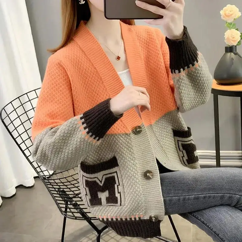 Spring Autumn New Women Clothing Korean Loose Cardigan Long Sleeve All-match Contrast Pockets Vintage Sweaters Casual Fashion