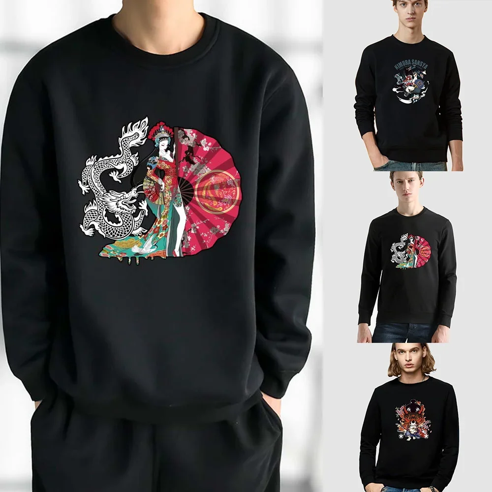 Autumn Hoodie Pullover Men's Long-sleeved Sweatshirt Casual Japanese Samurai Pattern Print Black O-neck Commuter Harajuku Hoodie