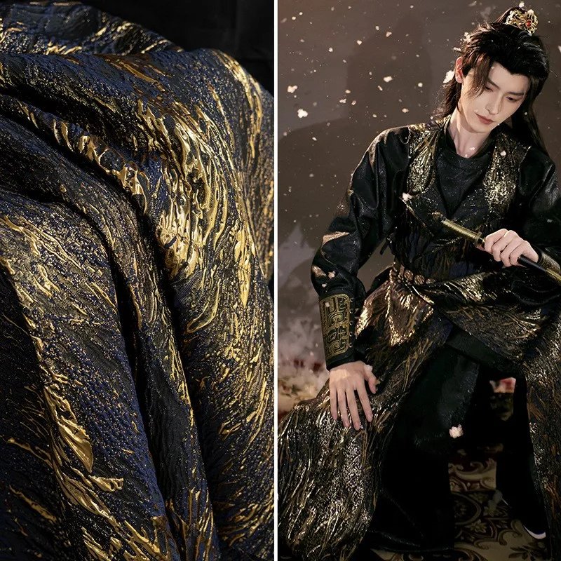 Blue and gold three-dimensional vein gilded jacquard brocade glittering heavy pleated designer fabric for clothing