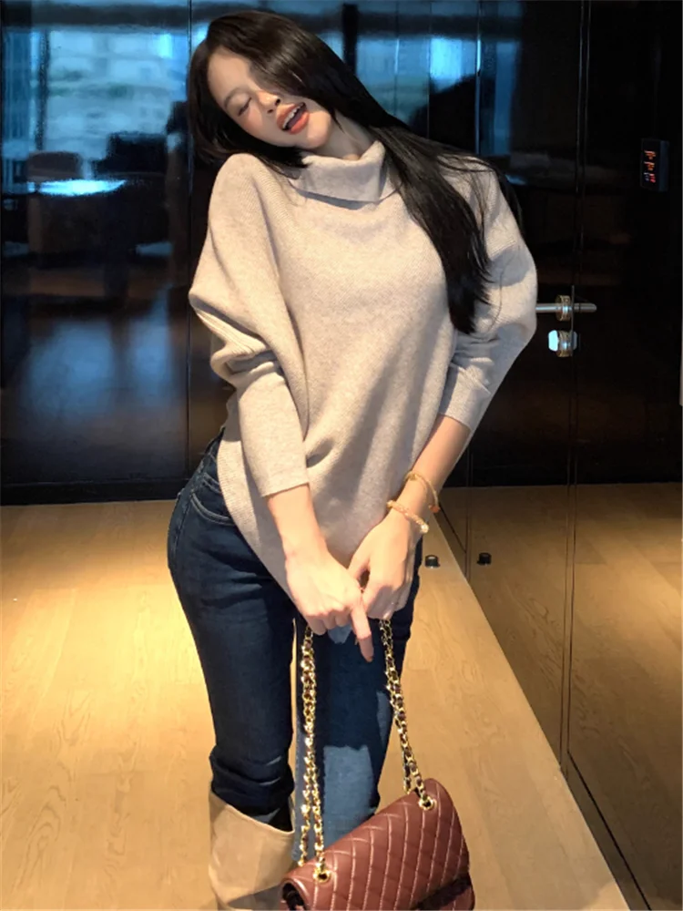 

Черный, хаки, шикарный нерегулярный короткий свитер с шалью, новинка 2025, осенняя женская водолазка, вязаный плащ, свободный пуловер с рукавами «летучая мышь», джемпер