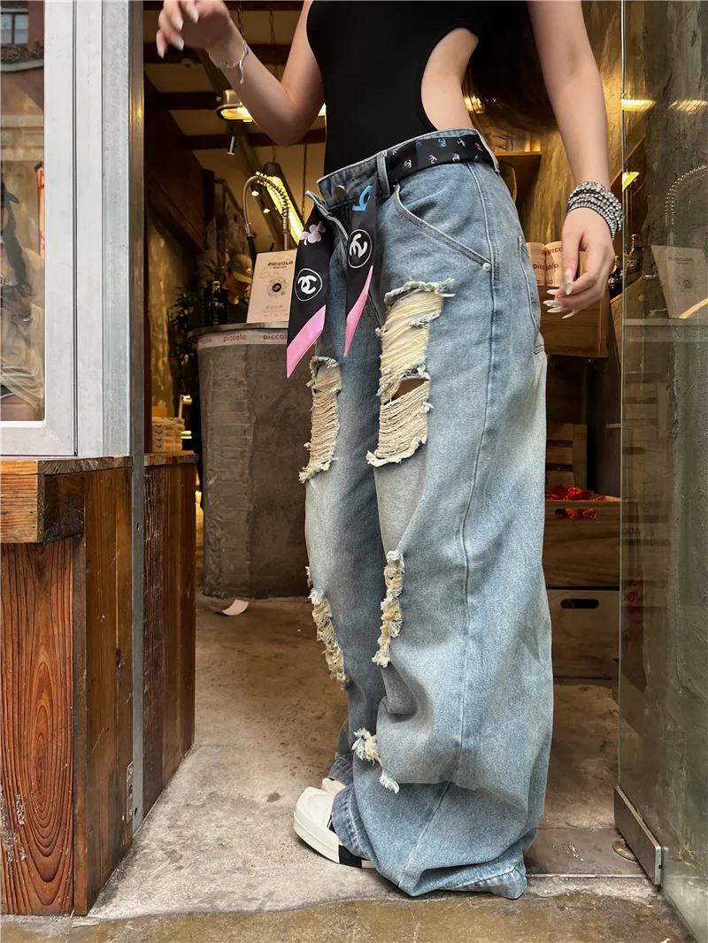 

Womens Pants Spring and Summer Korean Version Distressed Wide Leg Jeans Loose Straight Versatile Casual Daily Wear