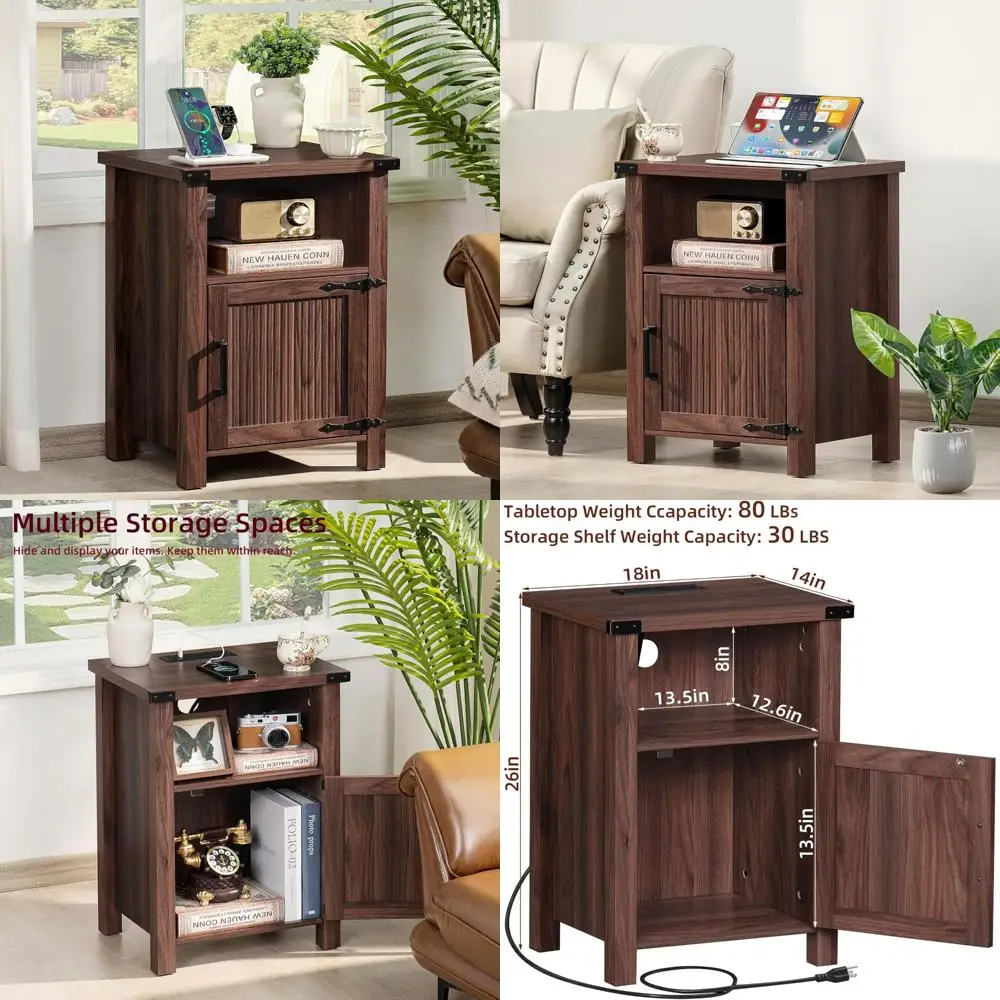 

18" rustic farmhouse nightstand with charging station & usb outlet, magnetic door