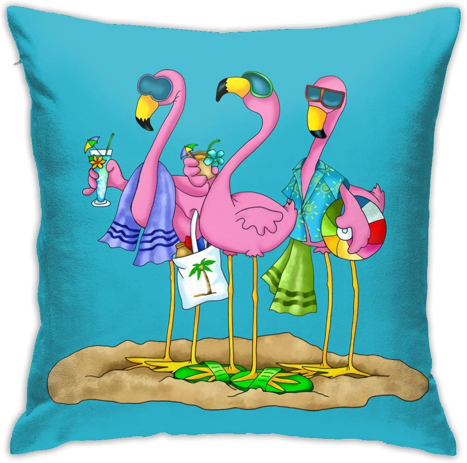 Pink Flamingo Throw Pillow Covers 18x18 Inch, Summer Funny Flamingo Standing on Beach and Blue Background Pillow Cases Indoor Pi