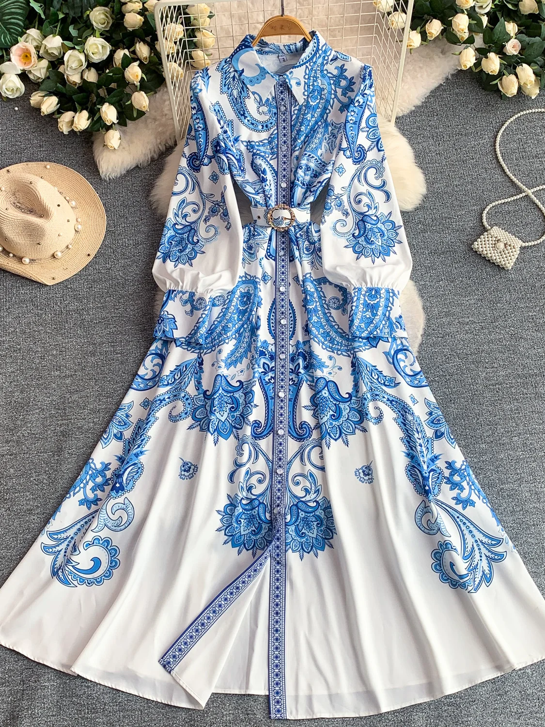 

Романтичное платье с принтом, отложным воротником и рукавами-фонариками, женское летнее платье макси с завышенной талией, стройнящее, длинное