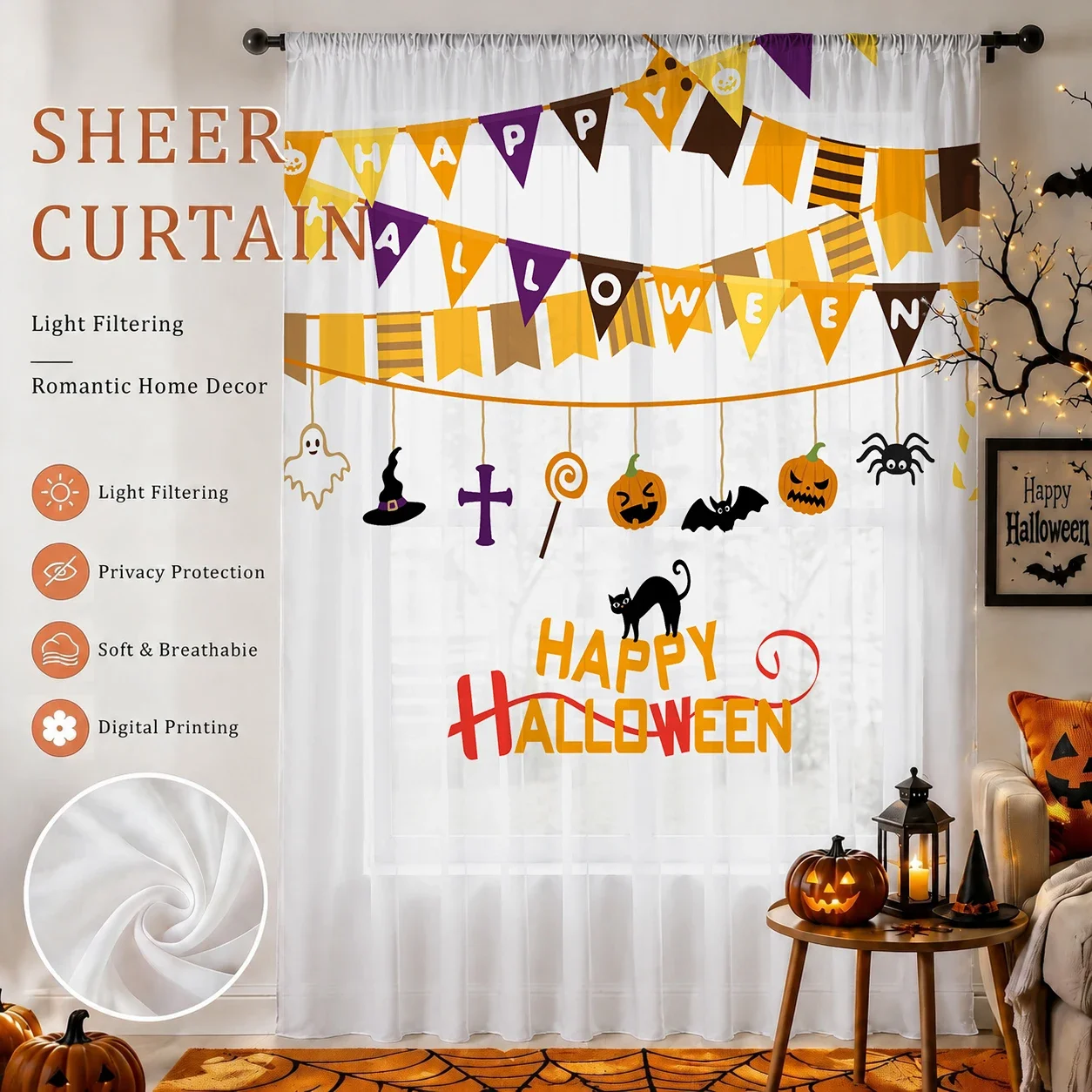 Halloween Festival Sheer Curtain, Good Quality Light Reducing Privacy Voile For Living/Bedroom/Kids Room,Halloween Festival Gift