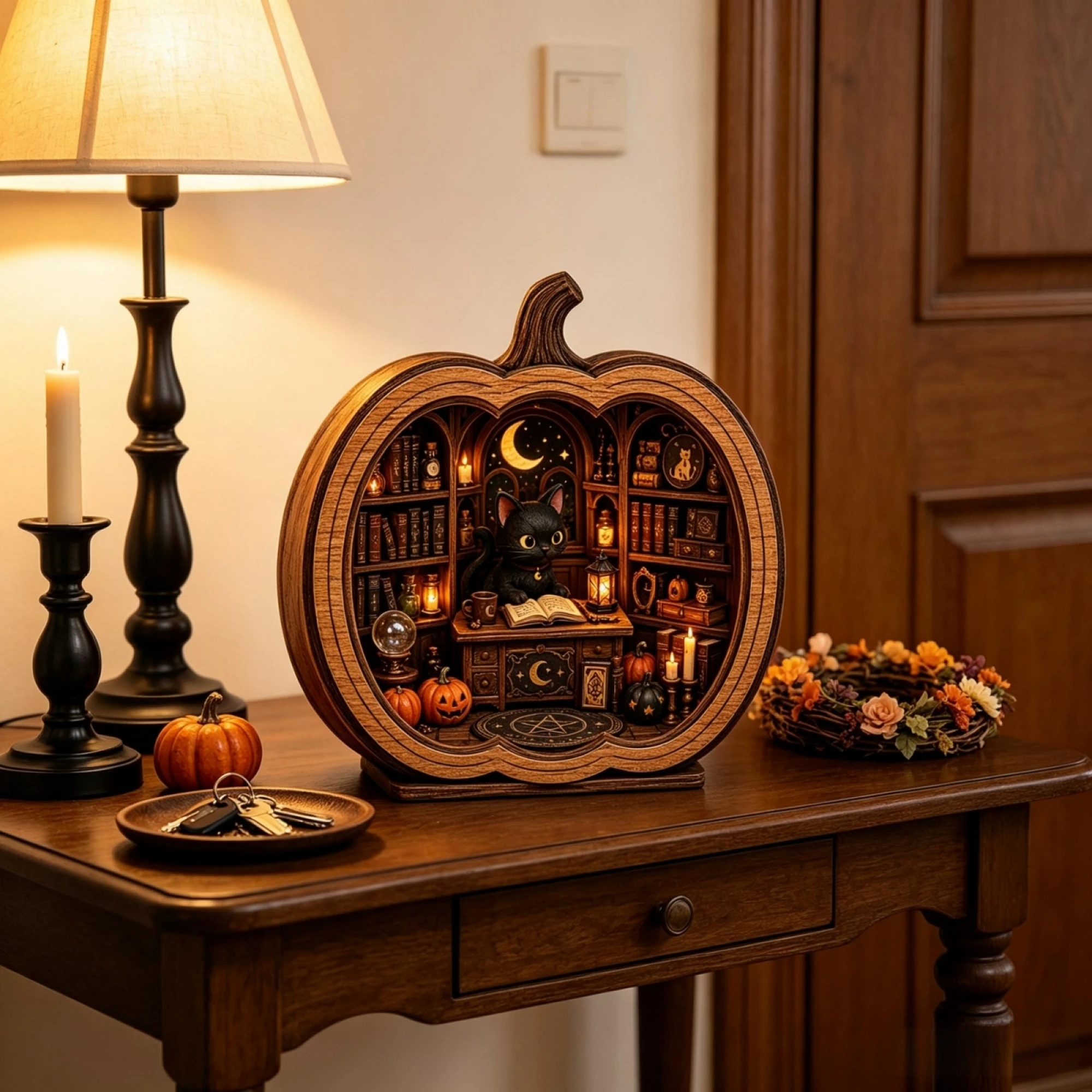 Halloween Pumpkin Figurine Black Cat Magic Bookshop Scene Display Stand