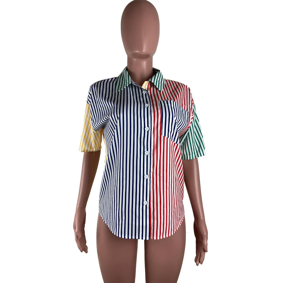 Haoohu 2023 Lente En Zomer Nieuwe Mode Multi-Color Stiksel Gestreepte Print Shirt Dames Forens Straat Casual Comfortabel