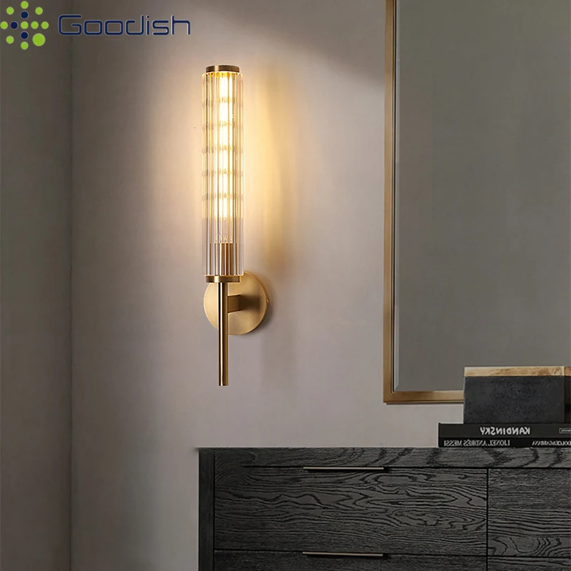 Minimalist Background Clear Glass Column Fashion Art Creative Lustre Lights LED Wall Lamp for Bedroom Home Decoration Chandelier