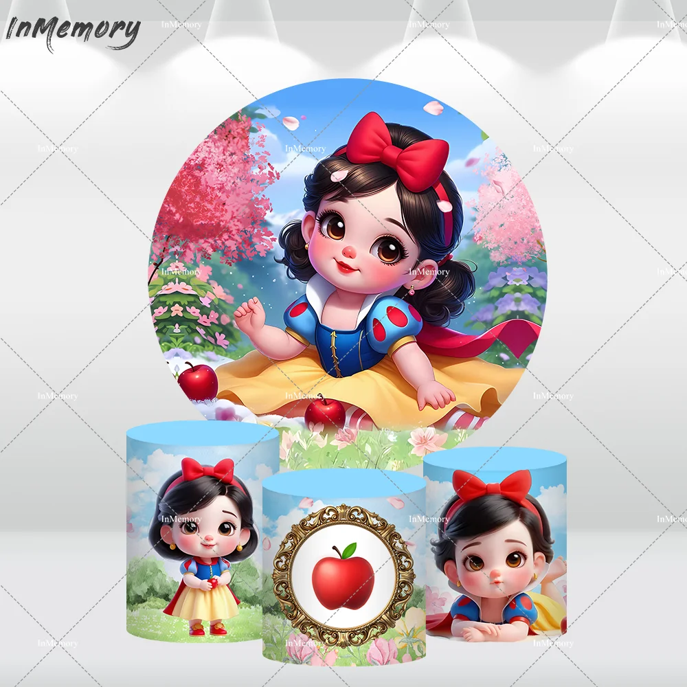 Cute Baby Snow White Round Backdrop Cover for Baby Shower Decoration Party Supplies Forest Flowers Princess Circle Background