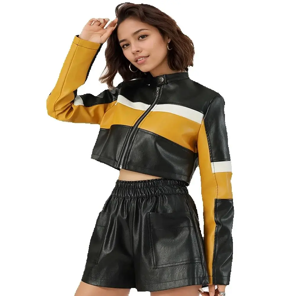 Jaqueta de couro feminina com emenda de cor contrastante jaqueta de couro PU, jaqueta de couro de motocicleta picante para meninas