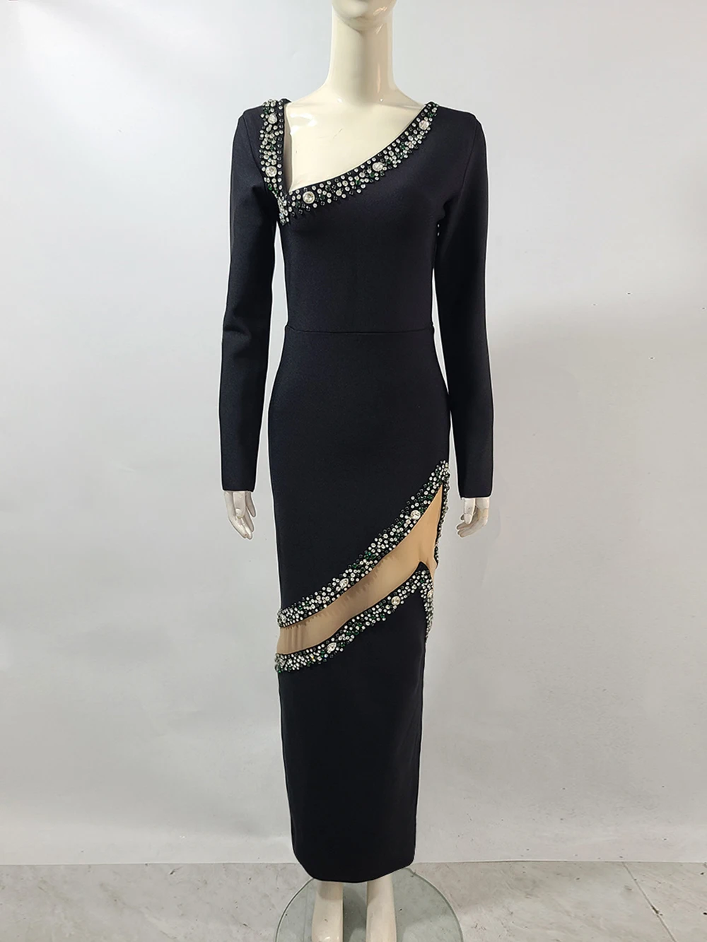 فستان Modphy الماسي الأنيق بأشرطة مثير بياقة غير منتظمة وأكمام طويلة ملابس مرقعة فساتين المشاهير والحفلات والنوادي #2