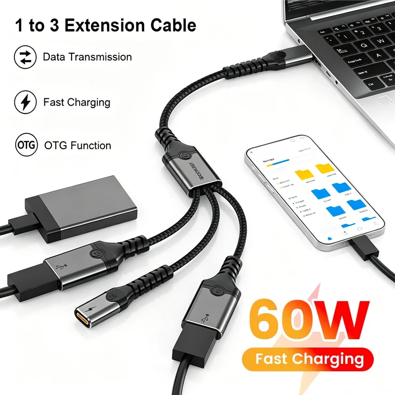 USBA Type C Splitter Cable Multi Ports PD 60W Fast Charging Extension Cable OTG Adapter Data Transfer Converter For PC Laptop