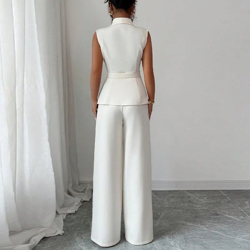 유럽풍 미국 우아한 스타일 단색 조끼 스트레이트 팬츠 여성용 가을 정장