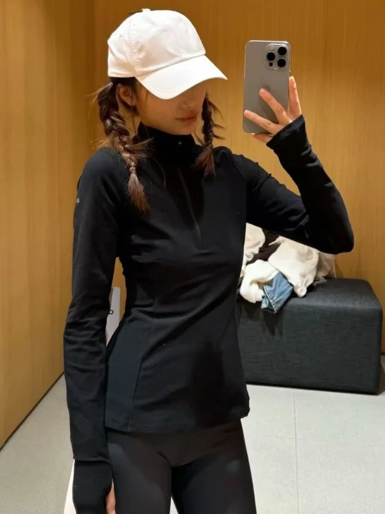 اليوغا قميص بولو المرأة الرياضية نصف سستة ضئيلة طويلة الأكمام أعلى الخريف الأسود الكورية أزياء ضئيلة مريحة الصلبة المرأة قمصان #4