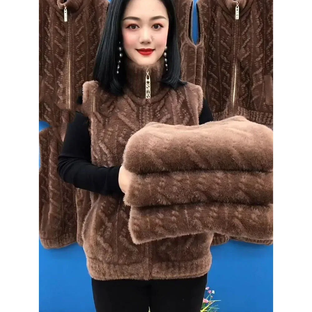 Elegant Mother Winter Clothes Mink Velvet Coat Autumn Middle-aged Women Knitted Vest Thicken Sleeveless Jacket Cardigan Sweater