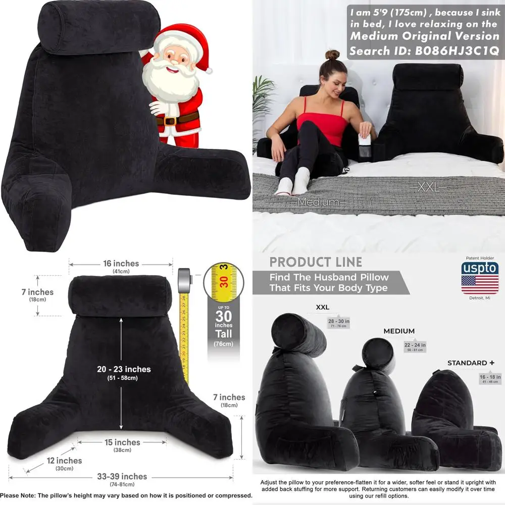 

Oversized Reading Pillow Bed Chair with Armrests and Back Support - Black - Ideal for Comfortable Bed Sitting and Reading