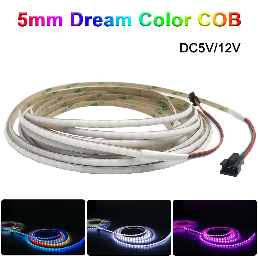 

5mm COB LED Strip DC5V 12V WS2812 Dream Color Individually Addressable High Density 100 160LEDs/m Soft Flexible Luces Tape Light