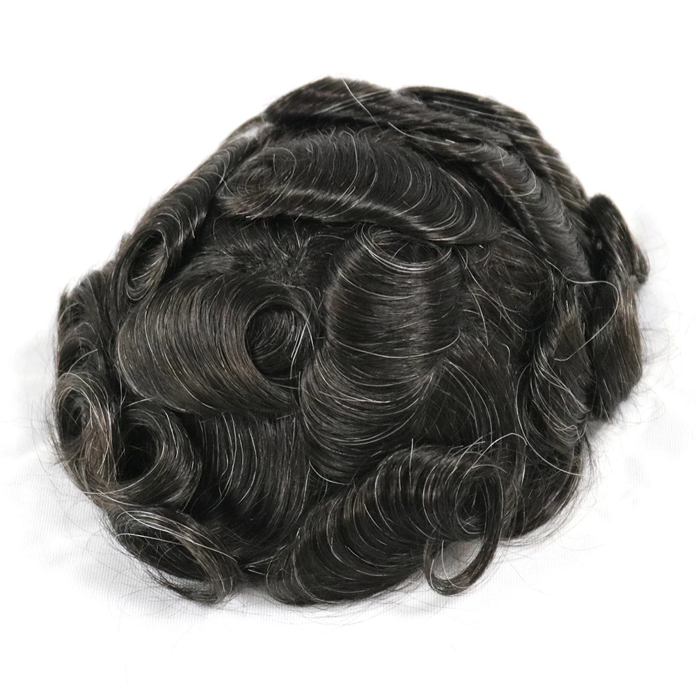 Natürlicher Haaransatz Herren Toupet 0,06-0,08mm Dünne Haut Voll-V-Schleifen-Basis Echthaar-System Grau Braun Blond Herren Haarersatz – Detail 5