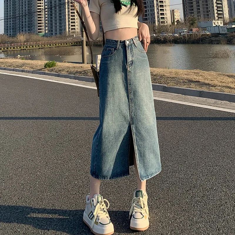 Saia denim midi estilo coreano feminino, saias longas de verão, calção jeans feminino casual azul vintage na altura do joelho, alta qualidade, 2024