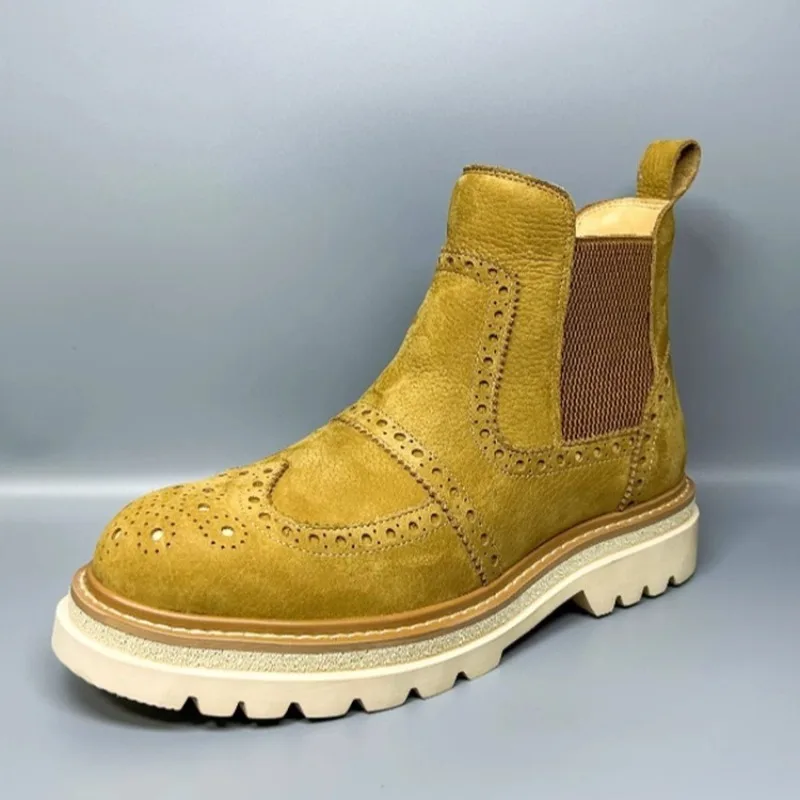 

European Fashion Autumn/Winter Slip on Genuine Leather Work Boots Men's Shoes British Thick Bottom Warm Casual Chelsea Boots