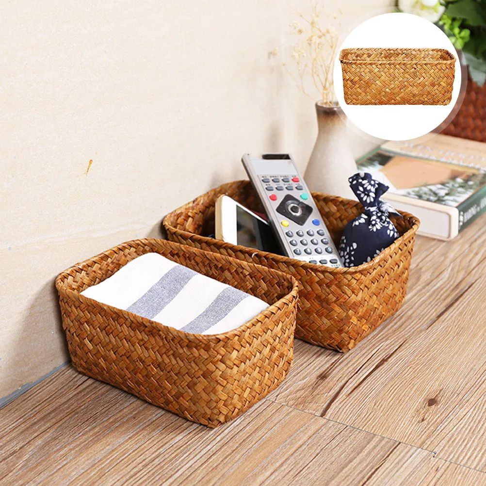 

Natural Seagrass Woven Baskets Desktop Storage Box Handcrafted Organizer for Cosmetics Books Sundries Home Office