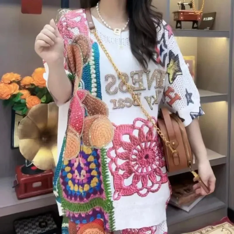 

Summer Thin Short Sleeves Sweater T-Shirt 2025 New Hot Drilling Women's Clothes Pullover Fashion Printing Female Knitwear Blouse