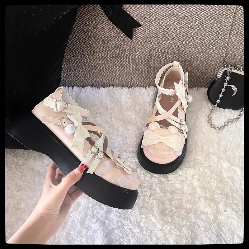 Japanese Sweet Loli Single Shoes Cute Girl Tea Party Lolita Shoes Pu Bow Flat Heels Student Campus Ball Shoes